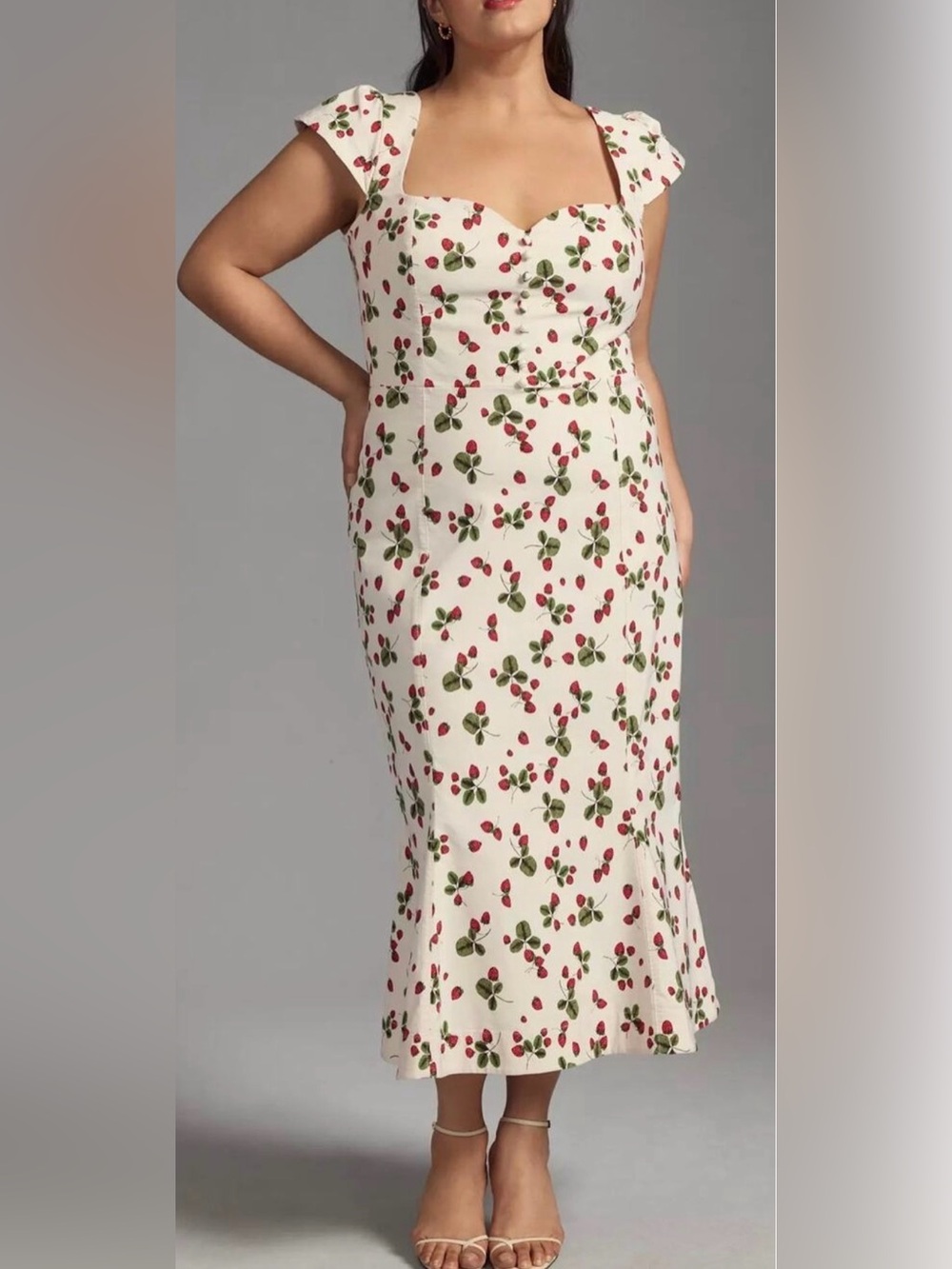 Anthropologie The Cecily Fit & Flare Sweetheart Midi Dress Strawberry Print L